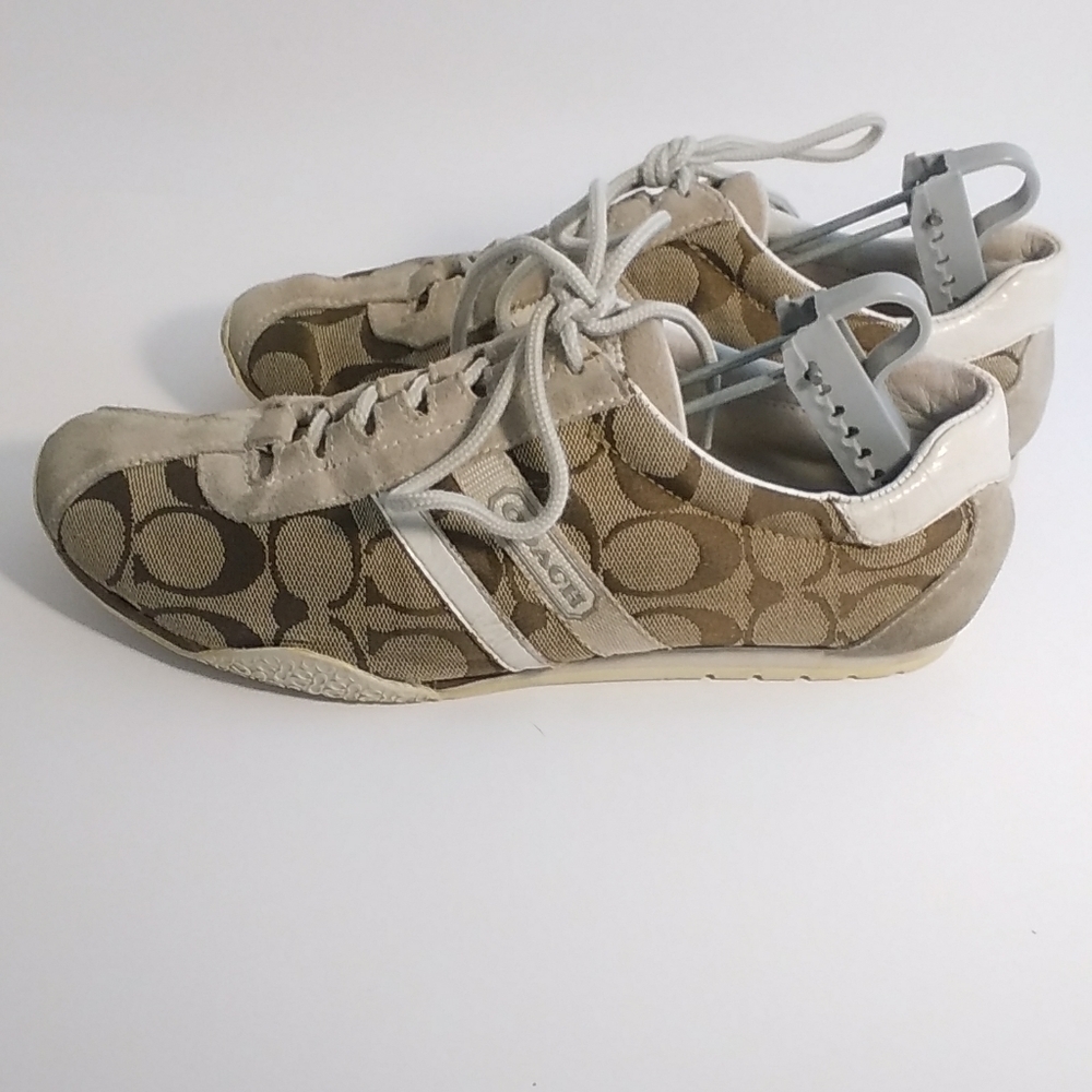 Coach Fashion Tan Brown Fabric Gray Suede White Patent Leather Sneakers Size 7.5